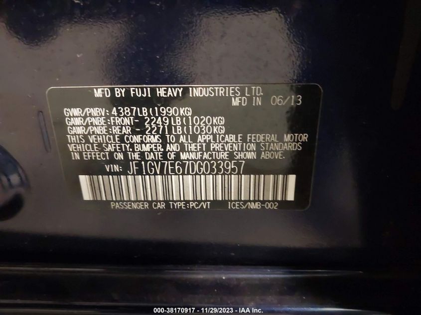 2013 SUBARU IMPREZA WRX WRX JF1GV7E67DG033957