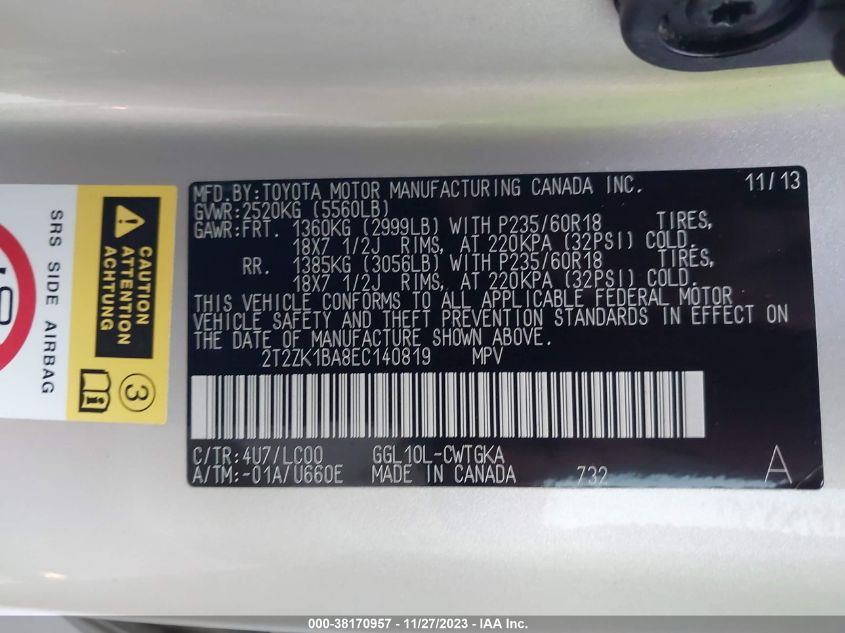 2014 LEXUS RX 350 - 2T2ZK1BA8EC140819