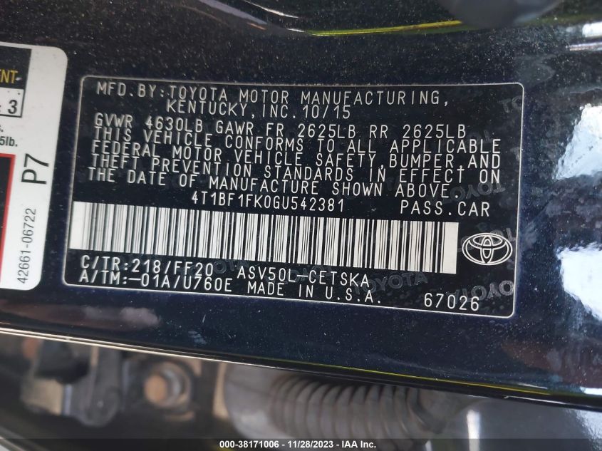 2016 TOYOTA CAMRY LE/XLE/SE/XSE - 4T1BF1FK0GU542381