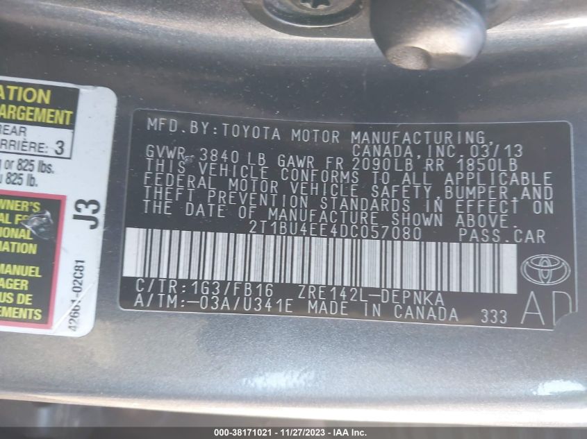 2013 TOYOTA COROLLA S/LE - 2T1BU4EE4DC057080