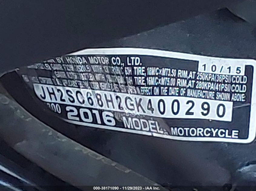 2016 HONDA GL1800 JH2SC68H2GK400290