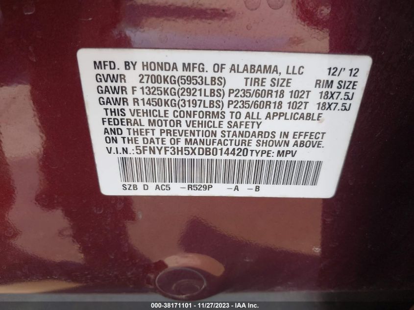 2013 HONDA PILOT EX-L - 5FNYF3H5XDB014420