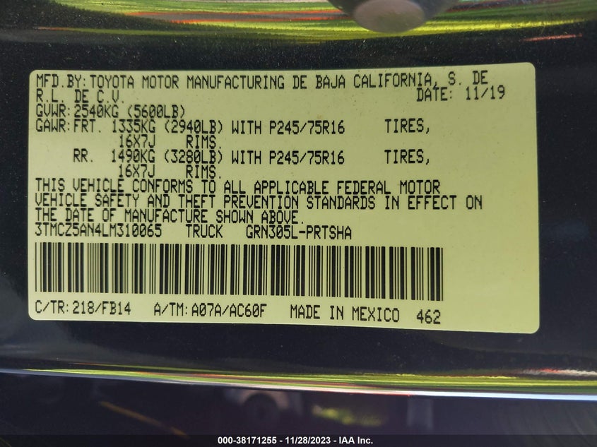 VIN 3TMCZ5AN4LM310065 2020 TOYOTA TACOMA DOUBLE CAB/SR/SR5/TRD SPO