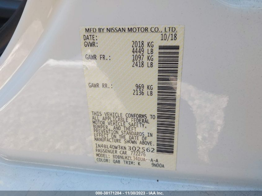 2019 NISSAN ALTIMA SV - 1N4BL4DW3KN302562