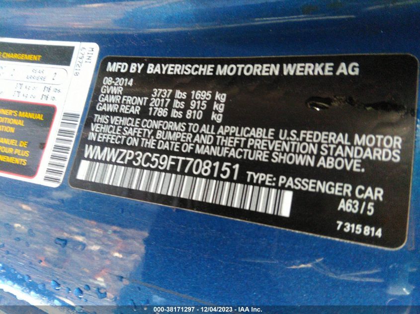 2015 MINI CONVERTIBLE COOPER S WMWZP3C59FT708151