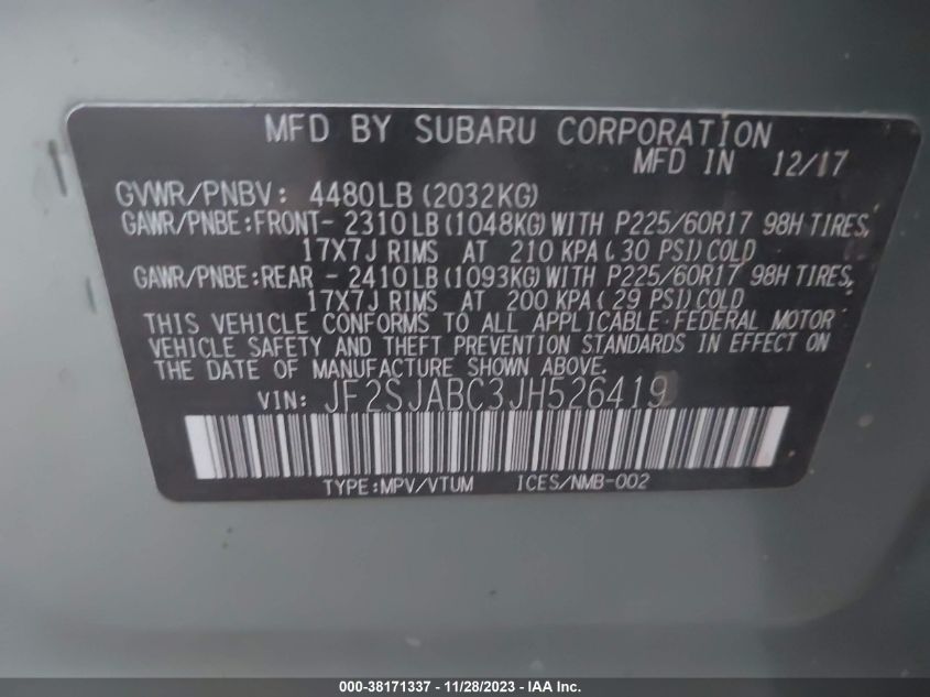 2018 SUBARU FORESTER 2.5I - JF2SJABC3JH526419