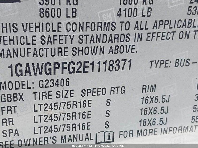 2014 CHEVROLET EXPRESS 2500 LS 1GAWGPFG2E1118371