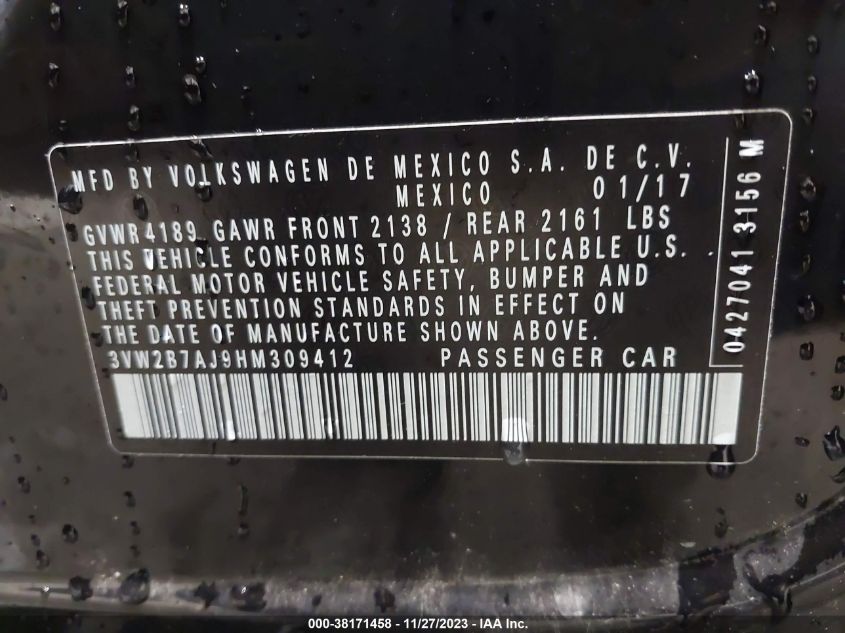 2017 VOLKSWAGEN JETTA 1.4T S - 3VW2B7AJ9HM309412