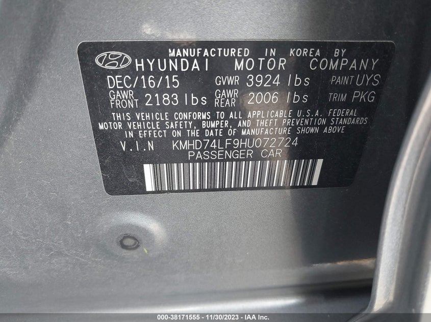 VIN KMHD74LF9HU072724 2017 HYUNDAI ELANTRA SE