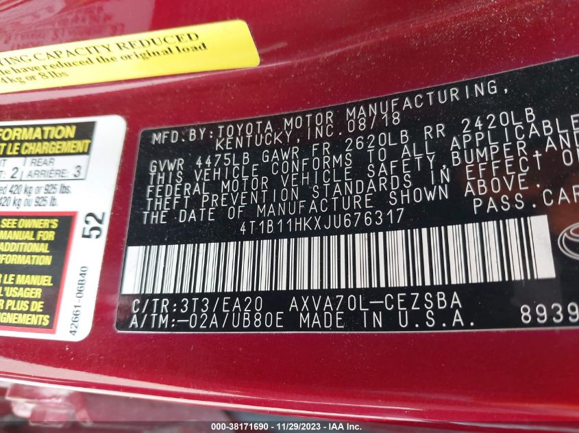2018 TOYOTA CAMRY L/LE/XLE/SE/XSE - 4T1B11HKXJU676317