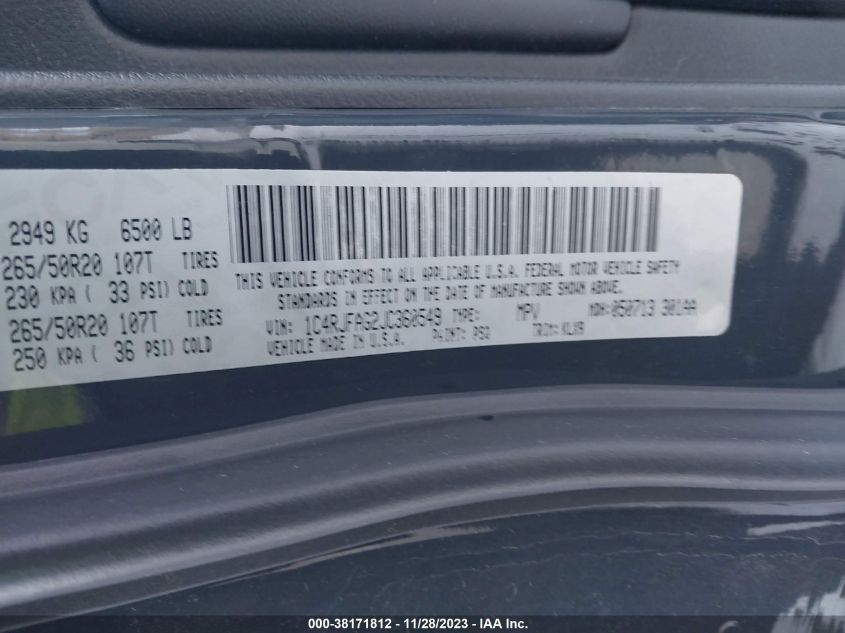 VIN 1C4RJFAG2JC360549 2018 JEEP GRAND CHEROKEE ALTITUDE 4X4