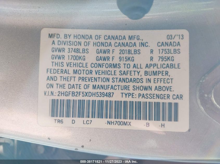 2013 HONDA CIVIC LX - 2HGFB2F5XDH539487