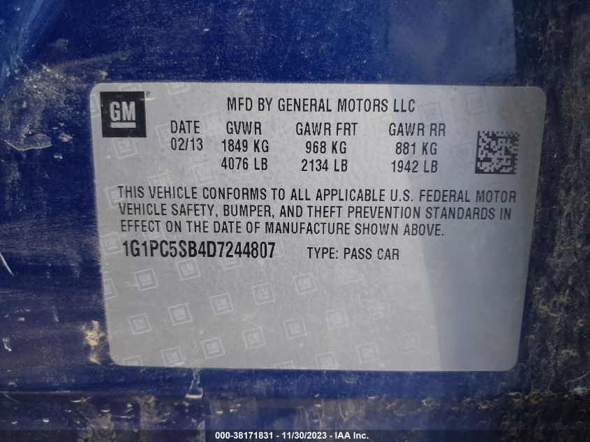 2013 CHEVROLET CRUZE LT - 1G1PC5SB4D7244807