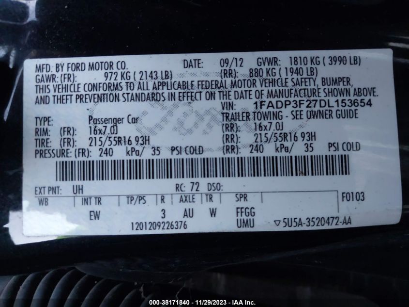 2013 FORD FOCUS SE - 1FADP3F27DL153654