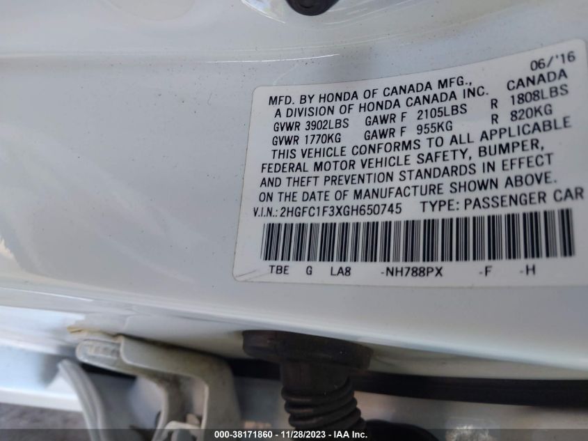 2016 HONDA CIVIC EX - 2HGFC1F3XGH650745
