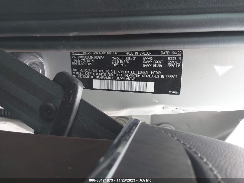 2022 VOLVO XC90 RECHARGE PLUG-IN HYBRID T8 INSCRIPTION EXTENDED RANGE 6P/T8 INSCRIPTION EXTENDED RAN - YV4H600L9N1858688