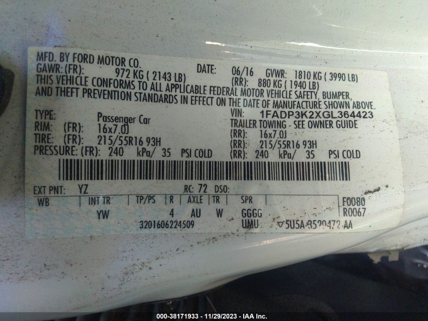 2016 FORD FOCUS SE - 1FADP3K2XGL364423