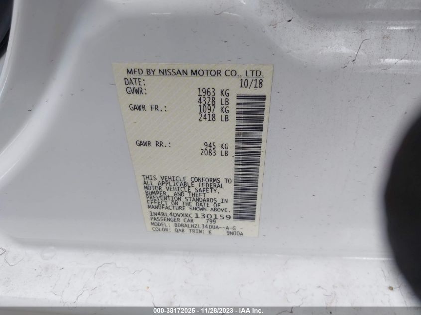 2019 NISSAN ALTIMA SV - 1N4BL4DVXKC130159