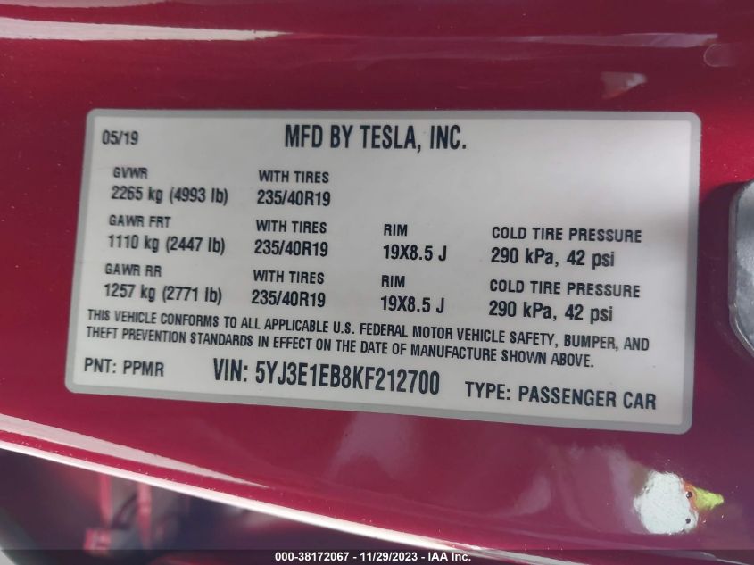 2019 TESLA MODEL 3 - 5YJ3E1EB8KF212700