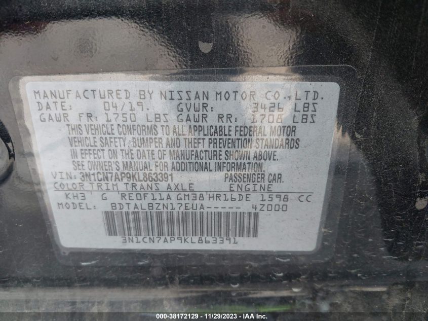 2019 NISSAN VERSA S/S PLUS/SV - 3N1CN7AP9KL863391