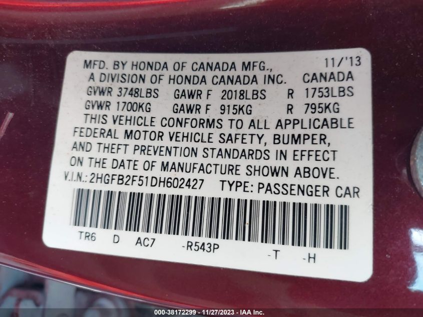 2013 HONDA CIVIC LX - 2HGFB2F51DH602427