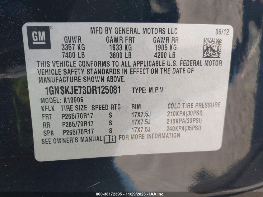2013 CHEVROLET SUBURBAN 1500 LT 1GNSKJE73DR125081