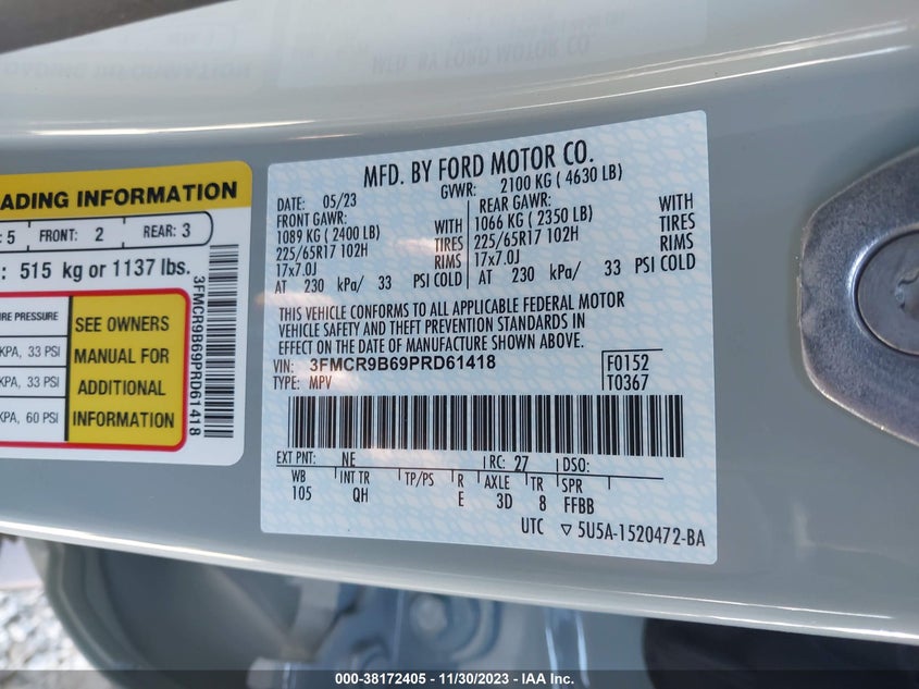 VIN 3FMCR9B69PRD61418 2023 FORD BRONCO SPORT BIG BEND