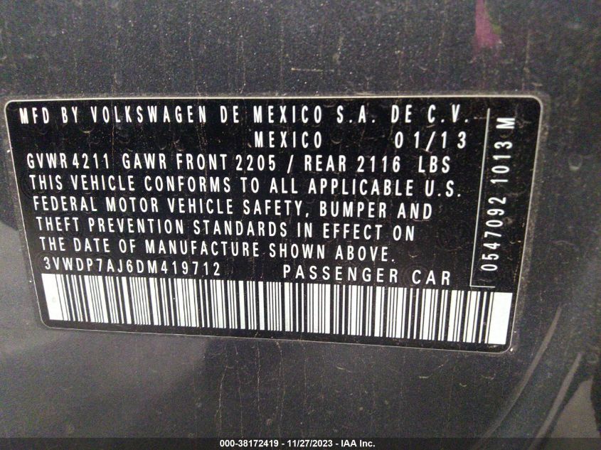 2013 VOLKSWAGEN JETTA SEDAN SE 3VWDP7AJ6DM419712