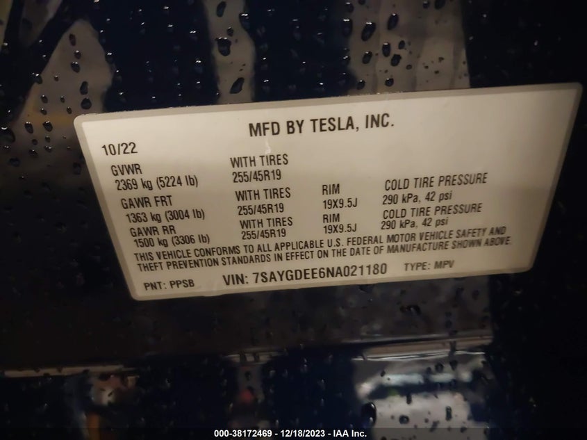 VIN 7SAYGDEE6NA021180 2022 TESLA MODEL Y