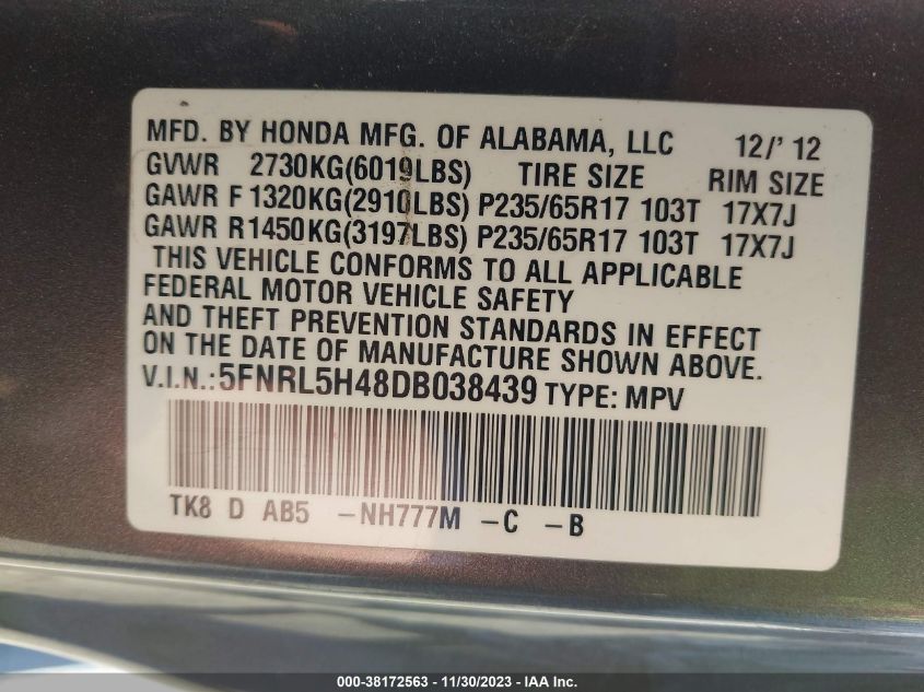 2013 HONDA ODYSSEY EX - 5FNRL5H48DB038439
