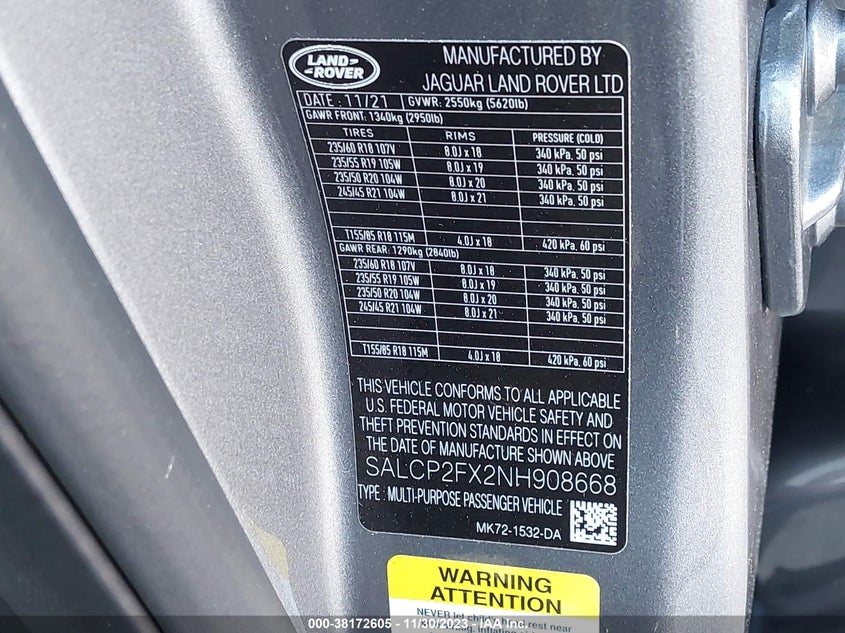 VIN SALCP2FX2NH908668 2022 LAND ROVER DISCOVERY SPORT SE