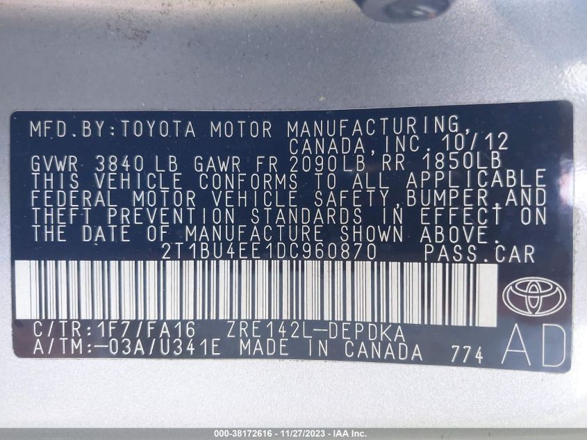 2013 TOYOTA COROLLA L - 2T1BU4EE1DC960870