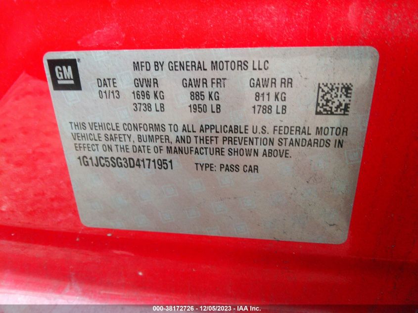 2013 CHEVROLET SONIC LT - 1G1JC5SG3D4171951