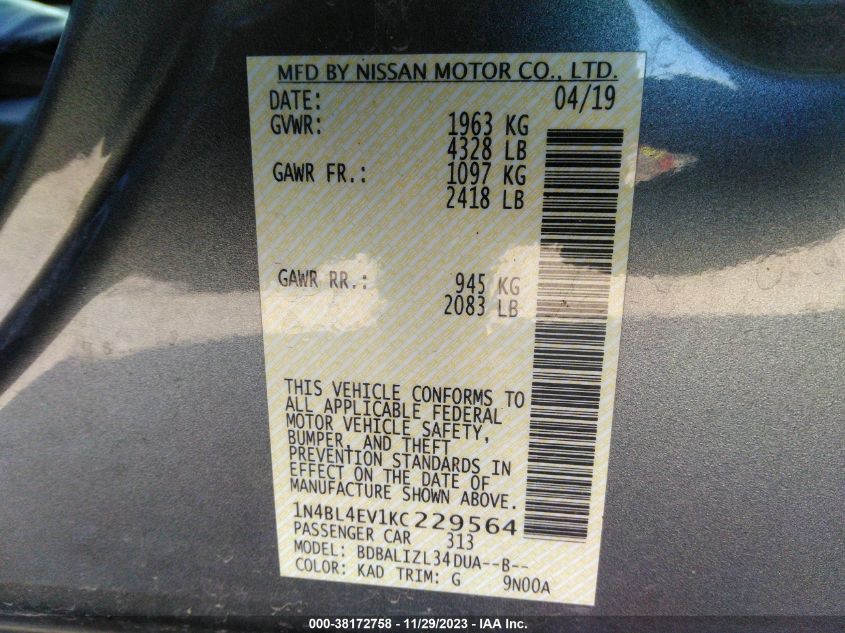 2019 NISSAN ALTIMA SL - 1N4BL4EV1KC229564