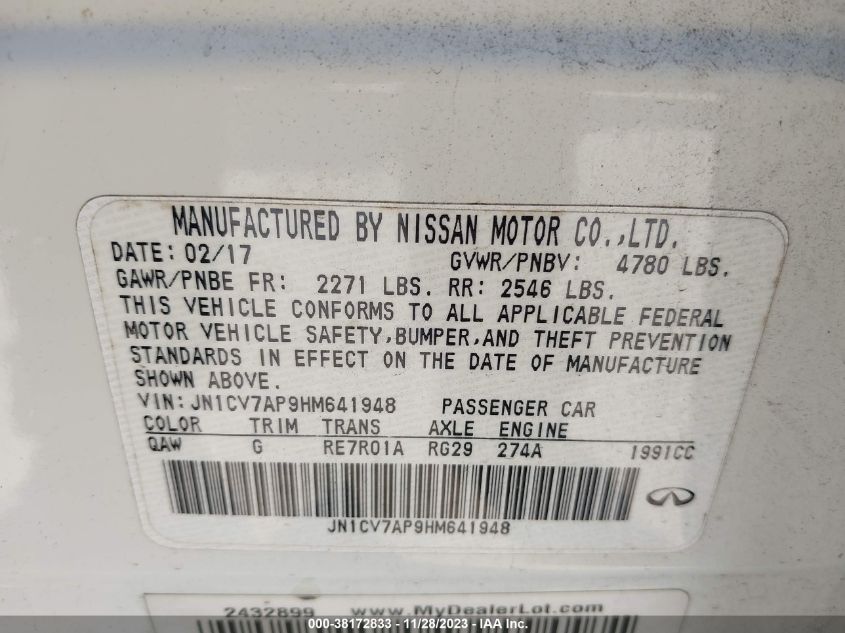 VIN JN1CV7AP9HM641948 2017 INFINITI Q50 2.0T