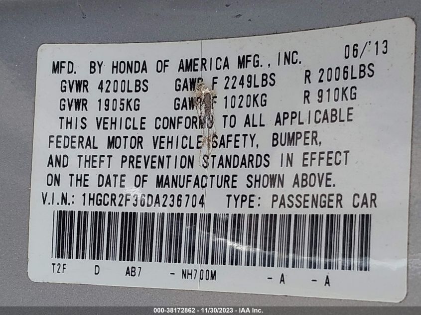 2013 HONDA ACCORD LX - 1HGCR2F36DA236704