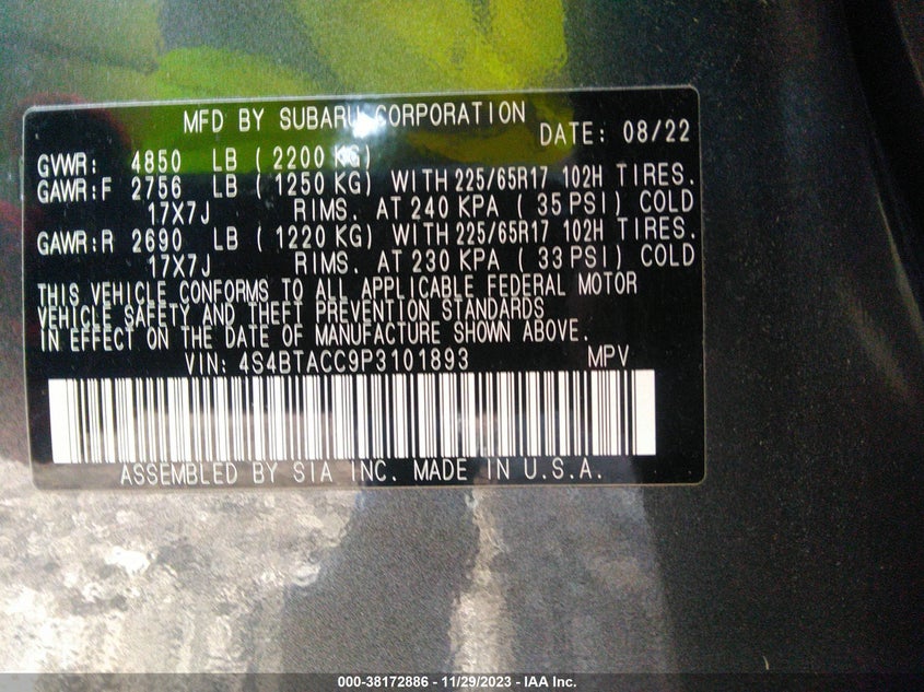 VIN 4S4BTACC9P3101893 2023 SUBARU OUTBACK PREMIUM