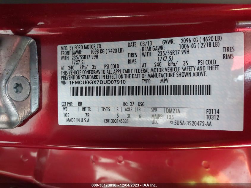 2013 FORD ESCAPE SE - 1FMCU0GX7DUD07910