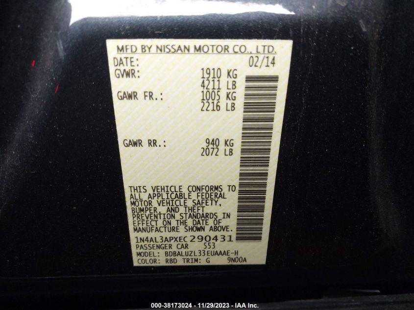 2014 NISSAN ALTIMA 2.5/S/SV/SL - 1N4AL3APXEC290431