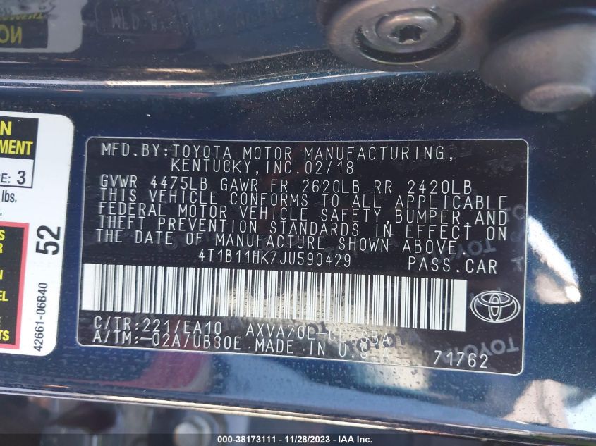 2018 TOYOTA CAMRY L/LE/XLE/SE/XSE - 4T1B11HK7JU590429