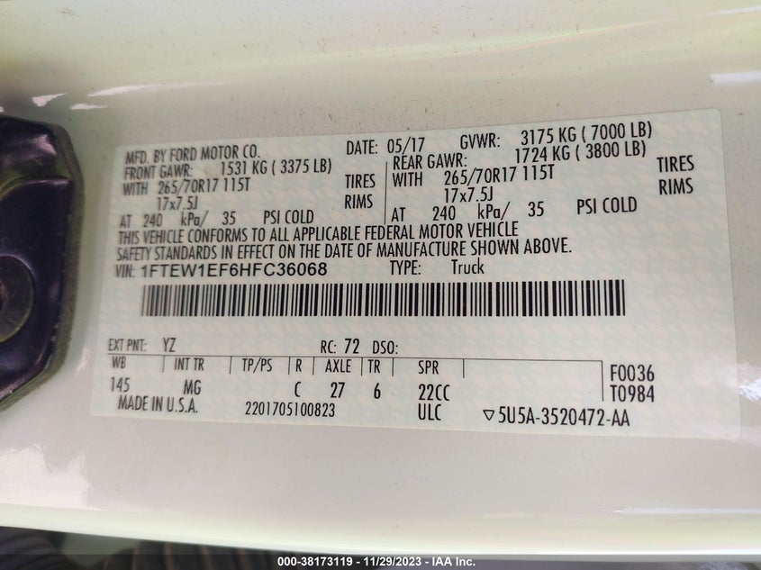 VIN 1FTEW1EF6HFC36068 2017 FORD F-150 XLT