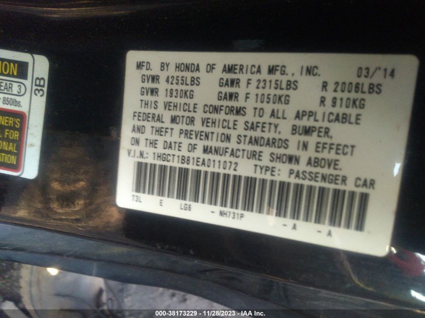 2014 HONDA ACCORD EX-L - 1HGCT1B81EA011072