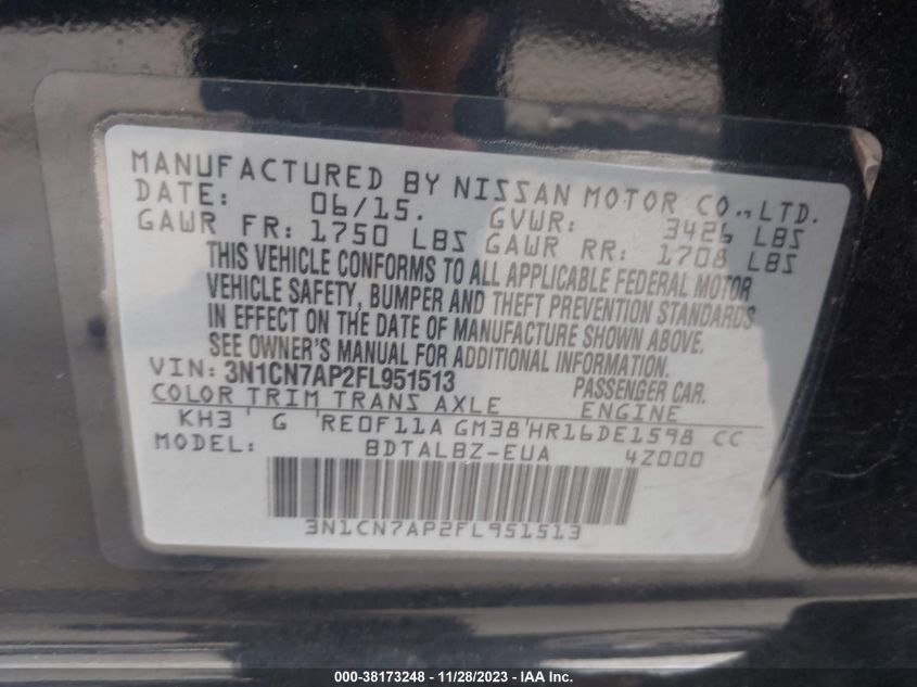 2015 NISSAN VERSA S/S PLUS/SV/SL - 3N1CN7AP2FL951513