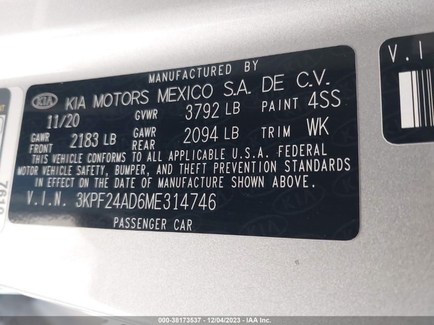 2021 KIA FORTE FE/LXS - 3KPF24AD6ME314746