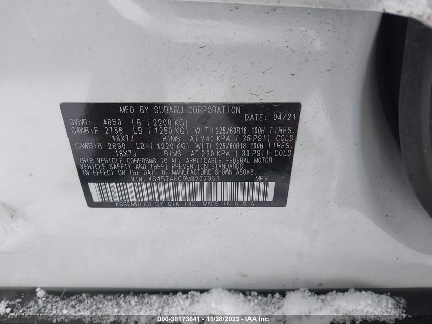 VIN 4S4BTANC9M3207351 2021 SUBARU OUTBACK LIMITED