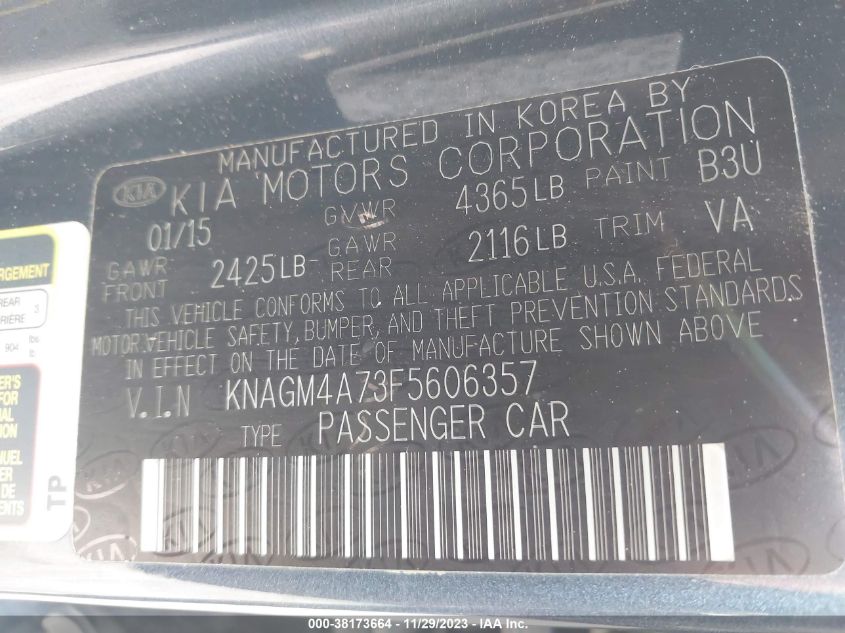 2015 KIA OPTIMA LX - KNAGM4A73F5606357