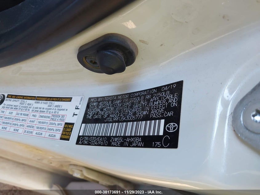 VIN JTDL9RFU5K3005777 2019 TOYOTA PRIUS