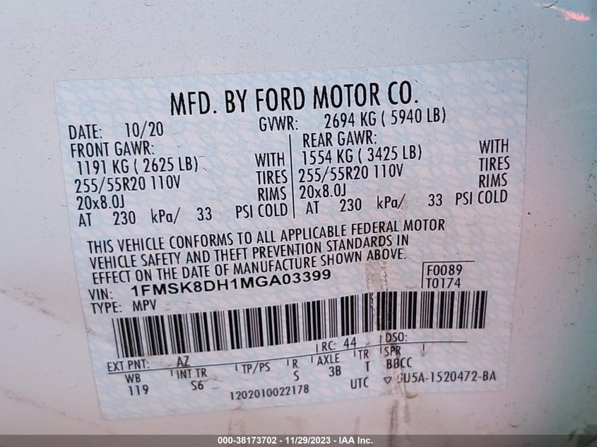 VIN 1FMSK8DH1MGA03399 2021 FORD EXPLORER XLT
