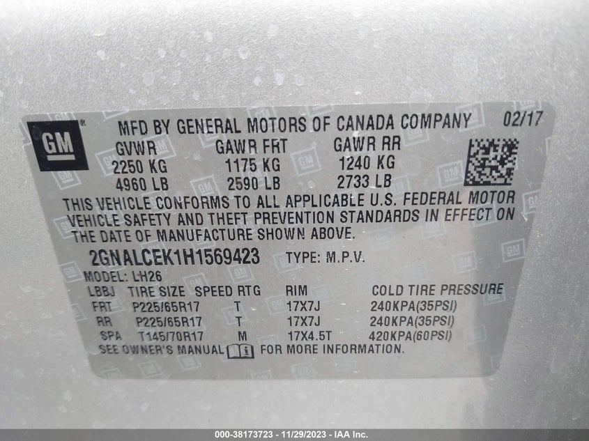 VIN 2GNALCEK1H1569423 2017 CHEVROLET EQUINOX LT