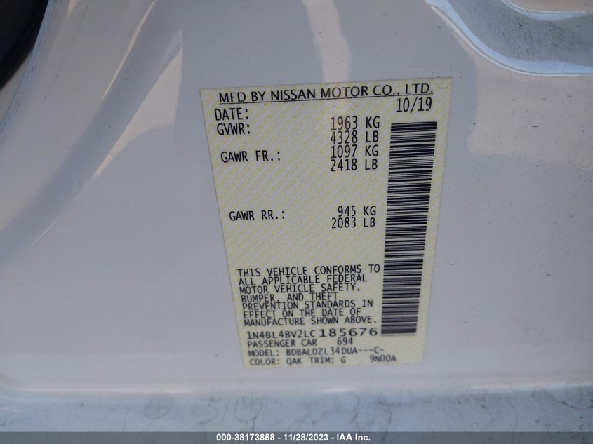VIN 1N4BL4BV2LC185676 2020 NISSAN ALTIMA S FWD